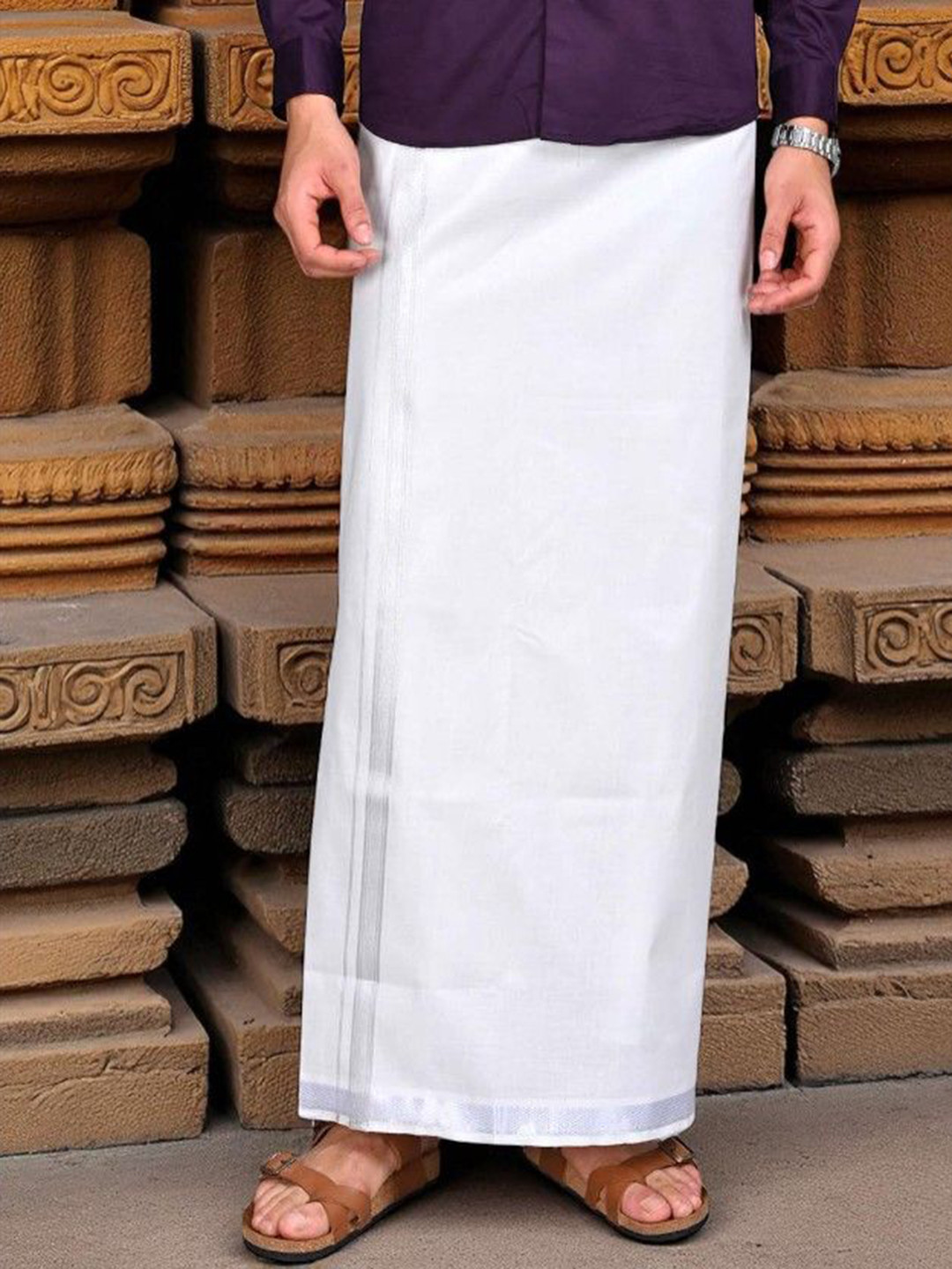 WHITE HEART Pure Cotton Single Layer Dhoti with Zari Border