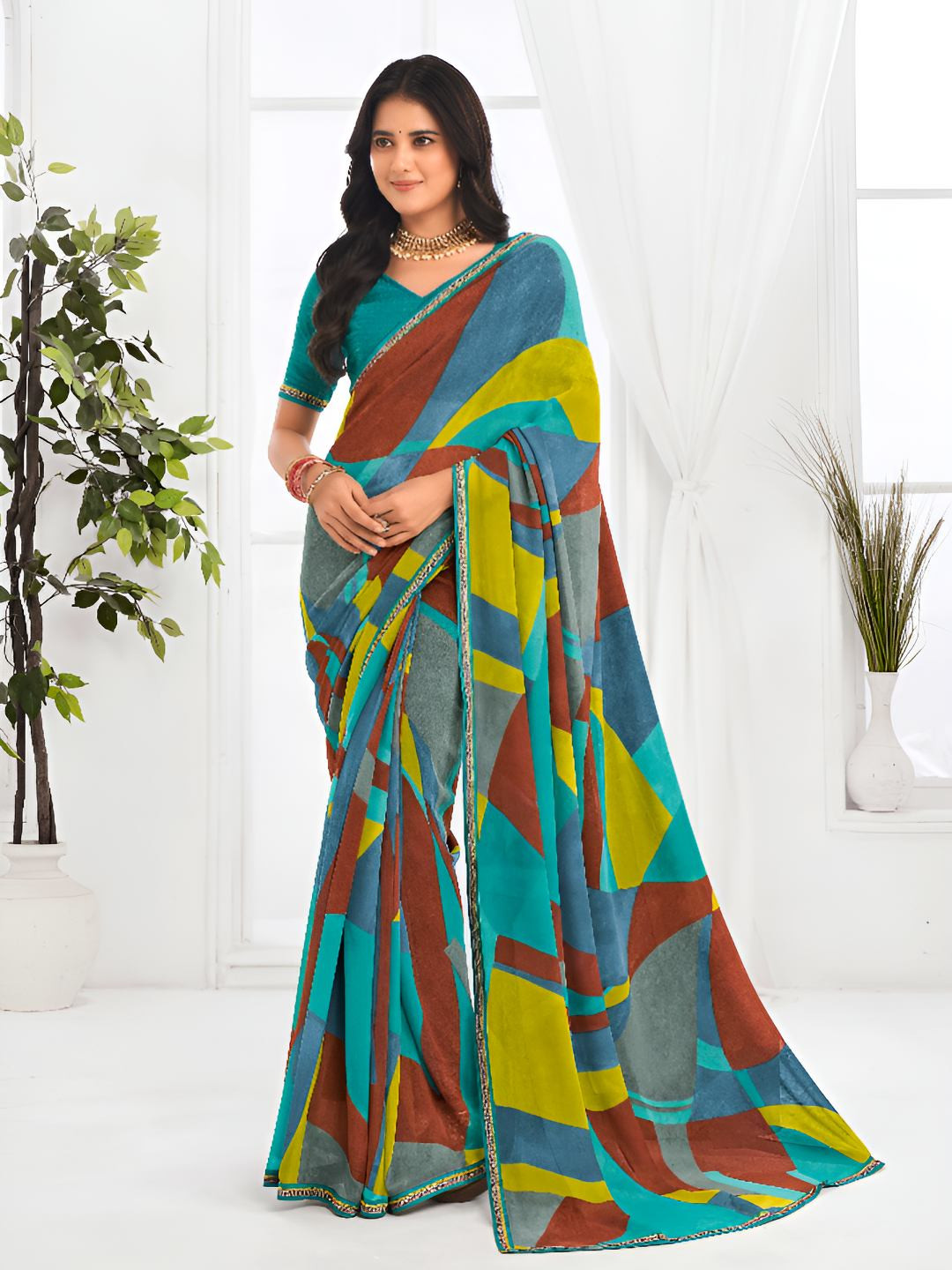 Laxmipati Jaayaphal Abstract Printed Georgette Saree With Blouse Piece