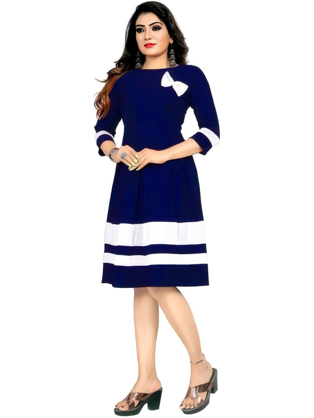 HIALTO Women Blue & White Bow Applique Crepe Fit & Flare Dress