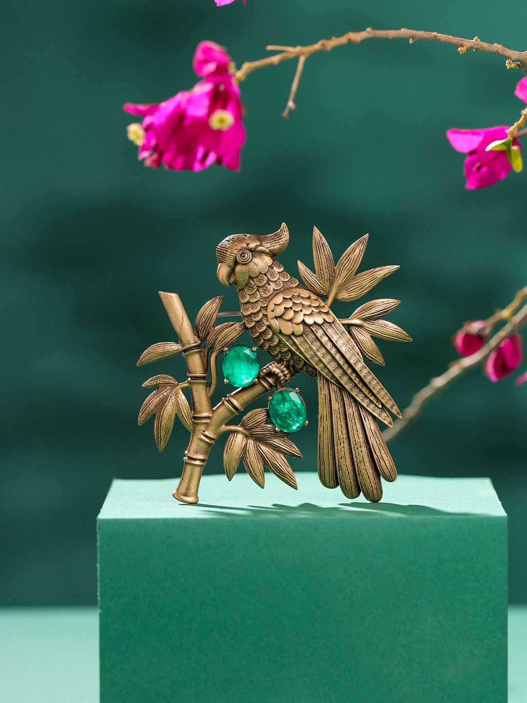 COSA NOSTRAA Men Artificial Stones Studded Emerald Parrot Brooch Statement Brooch