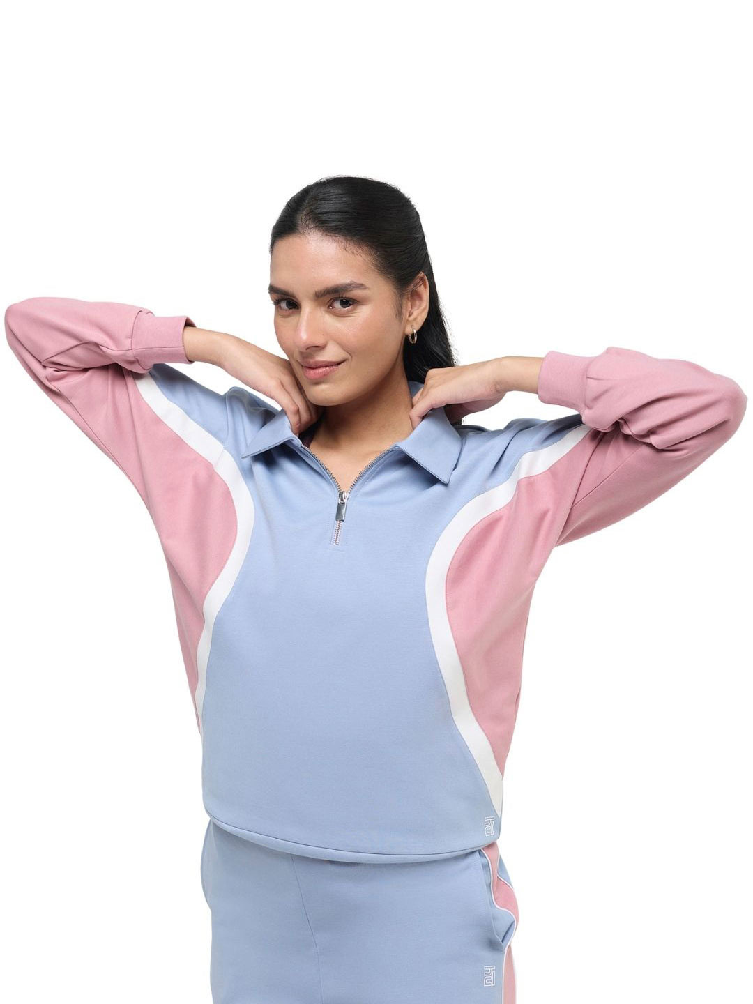 Hunnit Women Polo Neck Relaxed Fit Wave Style Cotton Sweatshirt