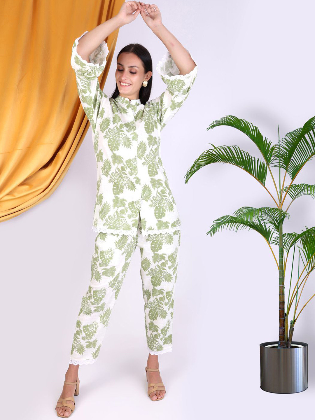 IZAAFA Floral Printed Pure Cotton Mandarin Collar Top With Trousers Co-Ords Set