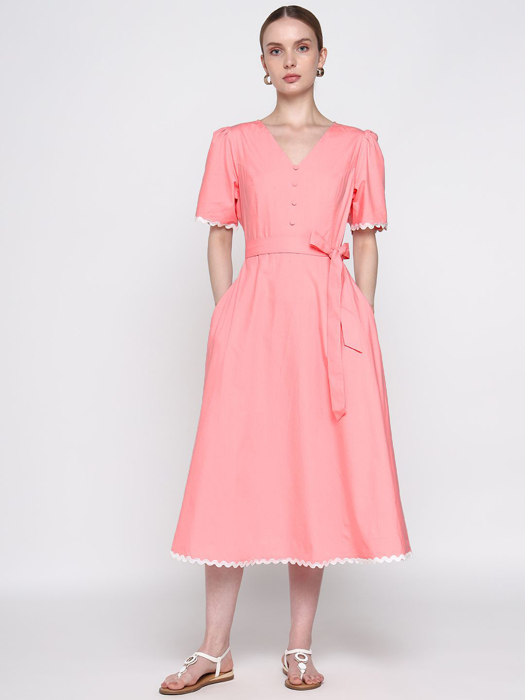 COVER STORY Women V-Neck Lace Inserts Cotton Fit and Flare Dress