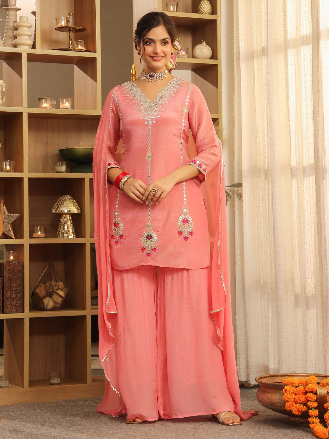 SCAKHI Ethnic Motifs Embroidered Thread Work Shimmer Tissue Kurti With Sharara Dupatta