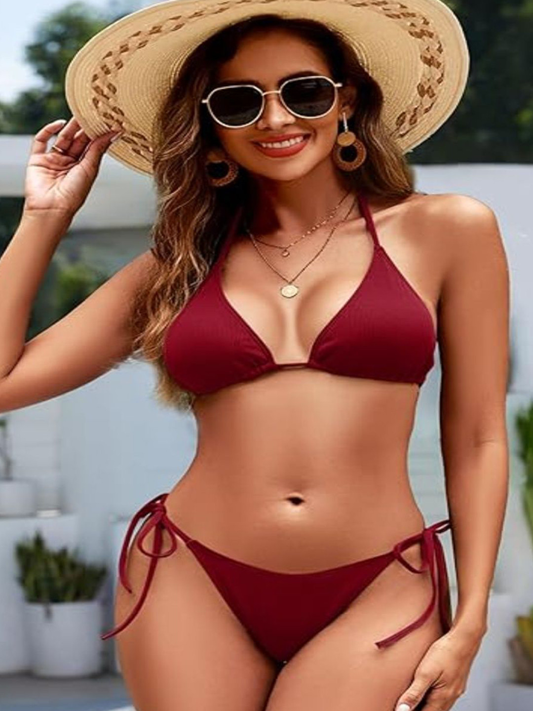 X FASHION GALLRY Triangular Tie-Up Halter-Neck Quick-Dry Swim Bikini Set