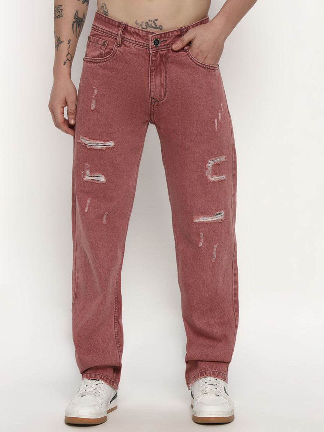 FOCUSG Men Regular Fit Mid-Rise Low Distress Cotton Jeans