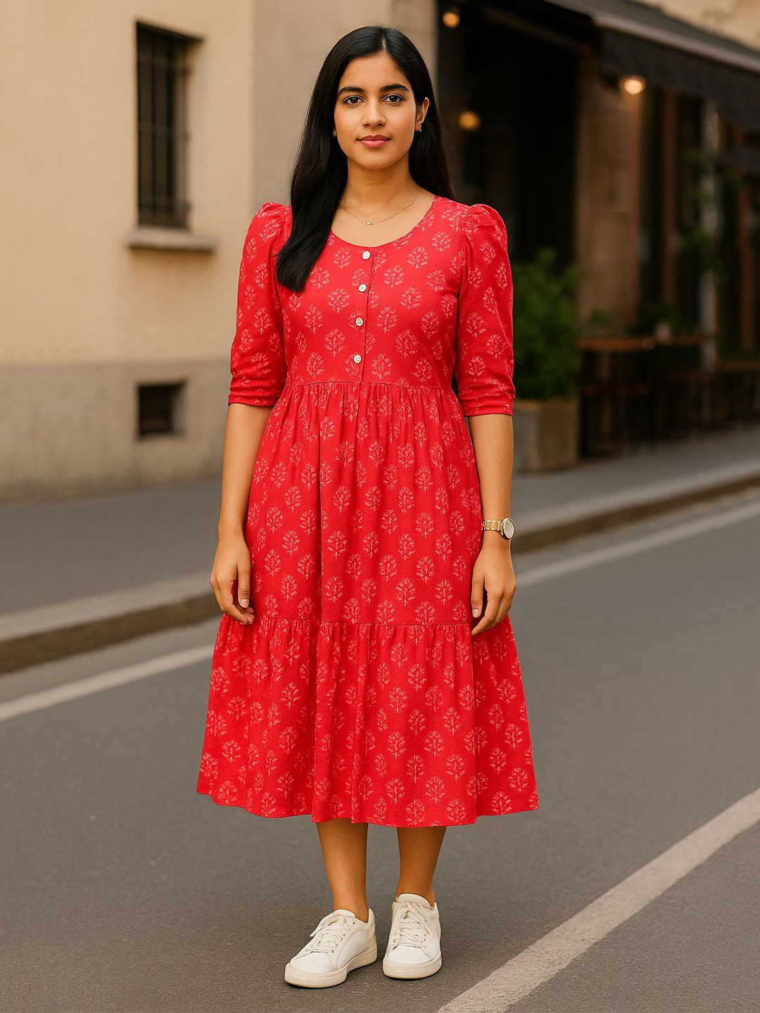 THE WHITE FEATHERS Women Round Neck Floral Print Fit and Flare Dress