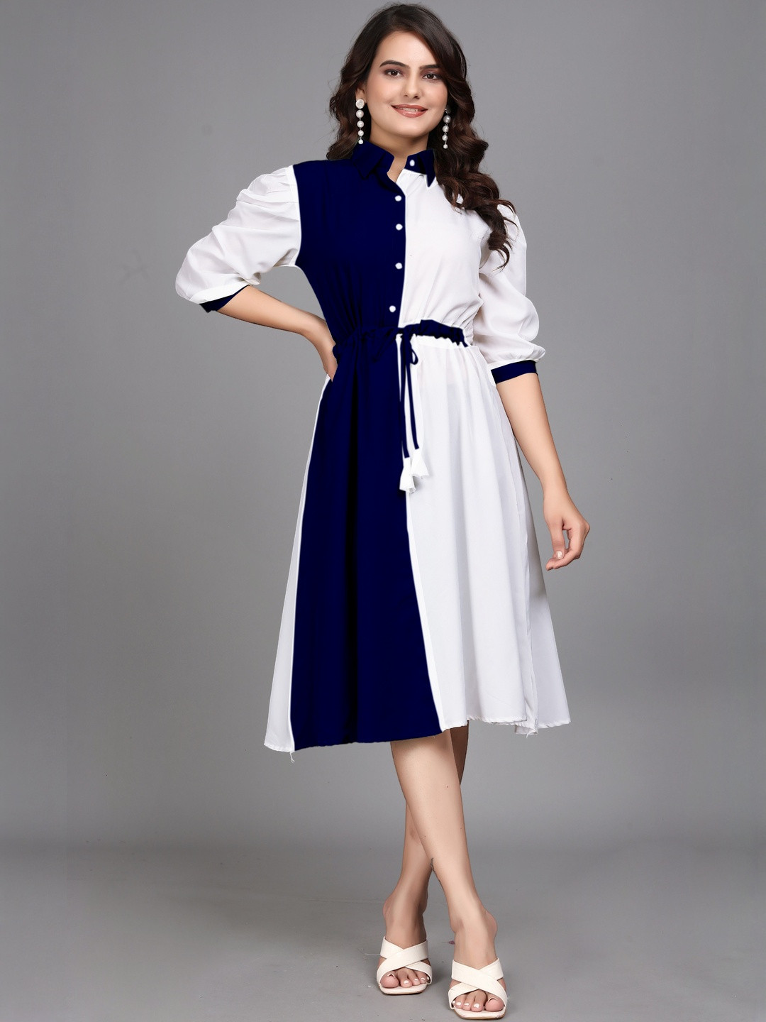 HIALTO Colourblocked Puff Sleeve Fit & Flare Dress