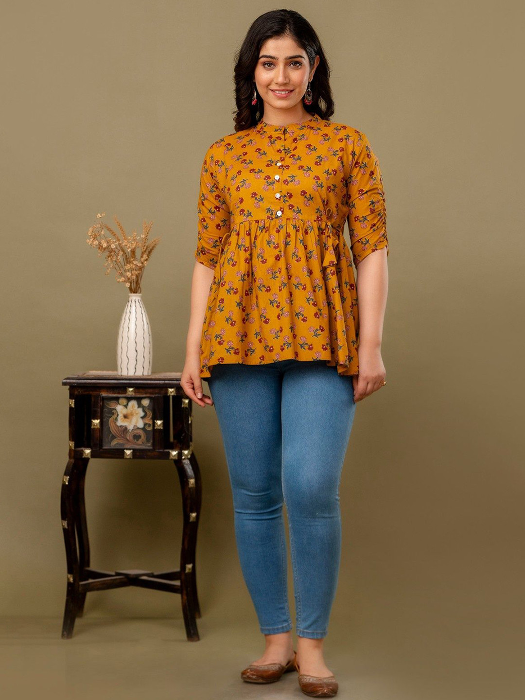 FASHION SWAG Women Mandarin Collar Pure Cotton Tunic