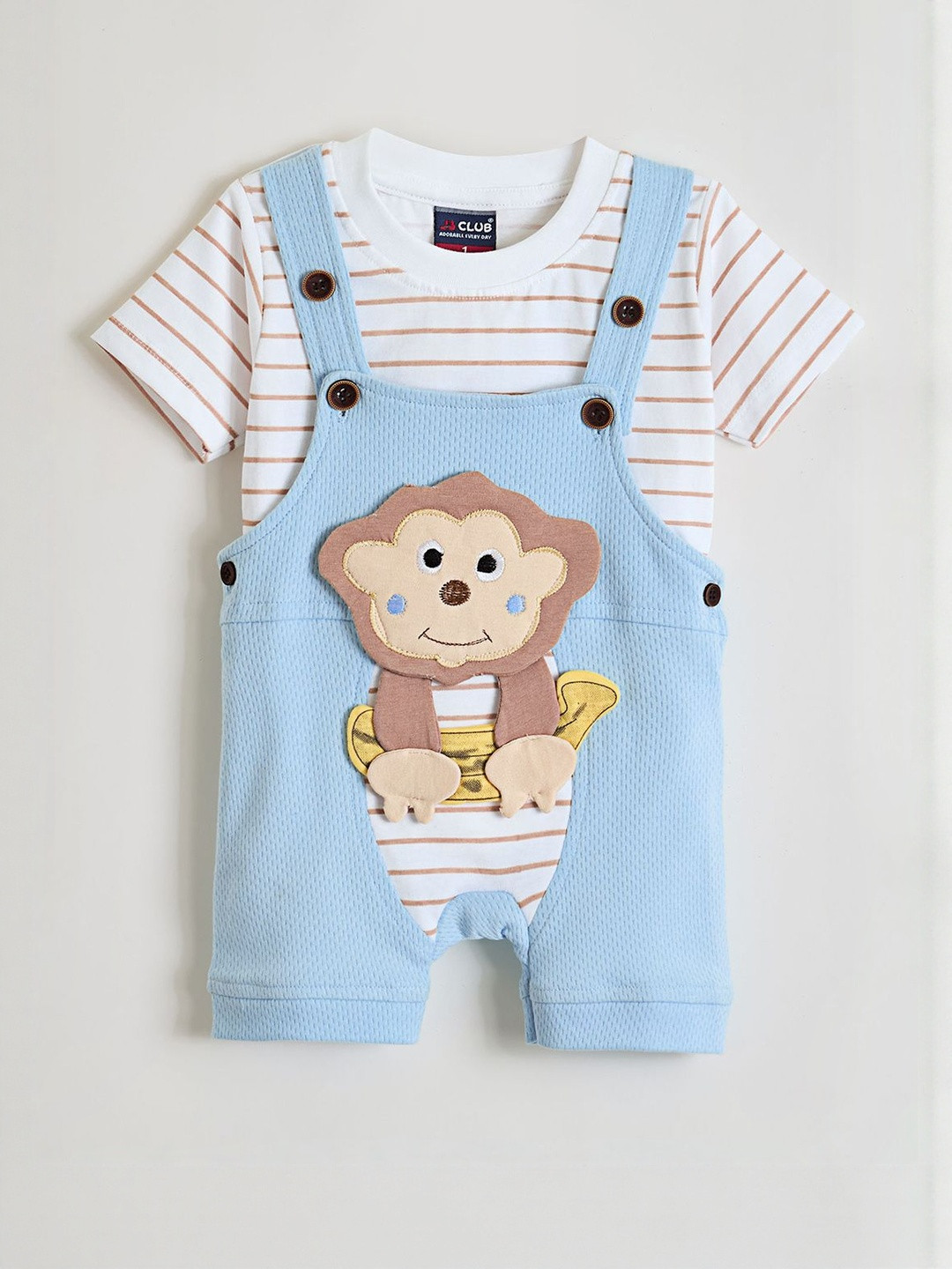 Hopscotch Unisex Kids Monkey Applique Striped Cotton Dungaree Set