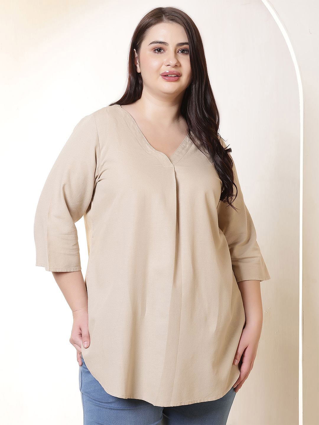 Amydus Plus Size Beige V-Neck Cotton Linen Top