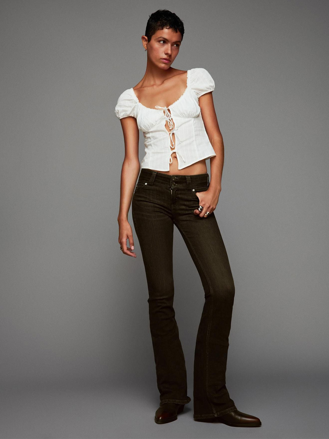 Bershka Women Standard Textured Short Sleeve Blouse With Ties