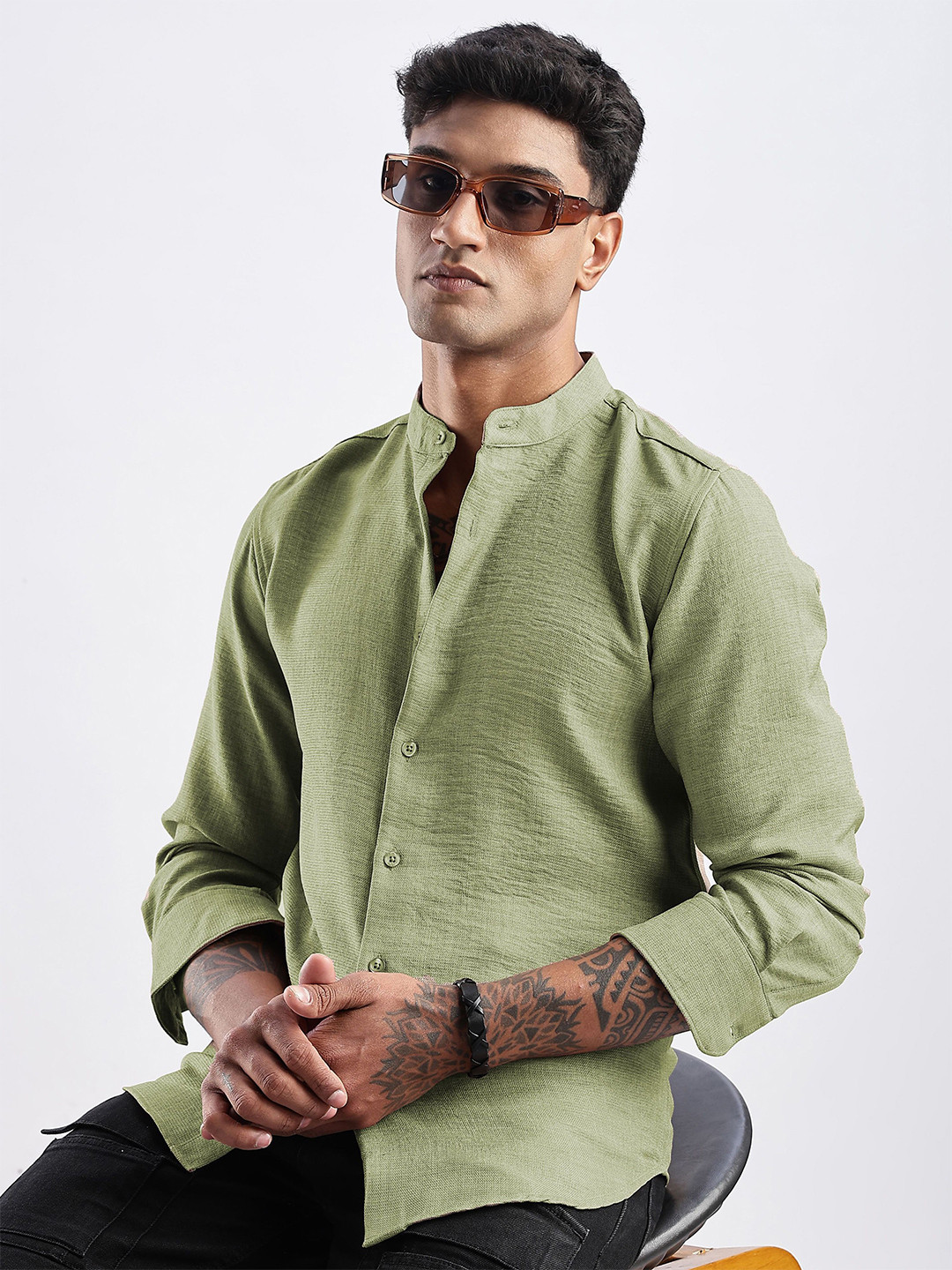 NEVER NEUD Men Milange Linen Look Regular Slim Fit Casual Shirt