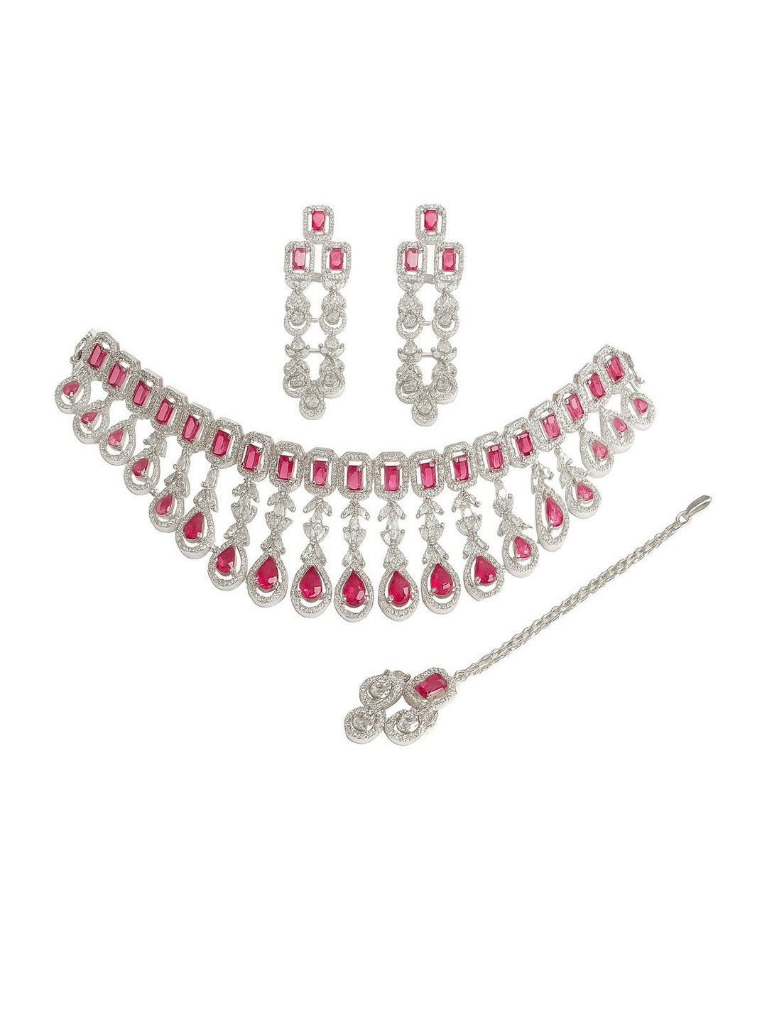 DENICRAAS Red Silver Plated Crystal Necklace Set