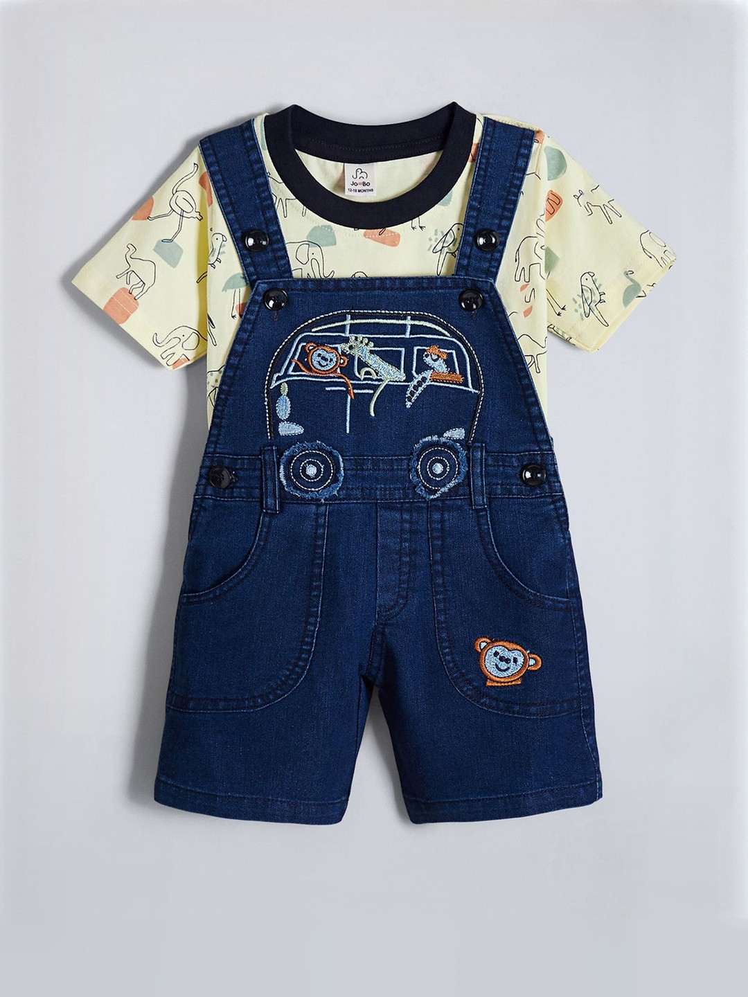 Hopscotch Unisex Kids Animal Embroidered T-Shirt With Dungarees Set