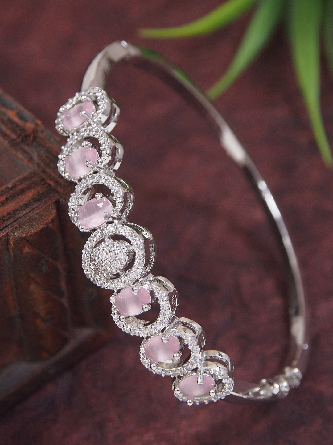 House of Pataudi Women Brass American Diamond Rhodium-Plated Bangle-Style Bracelet