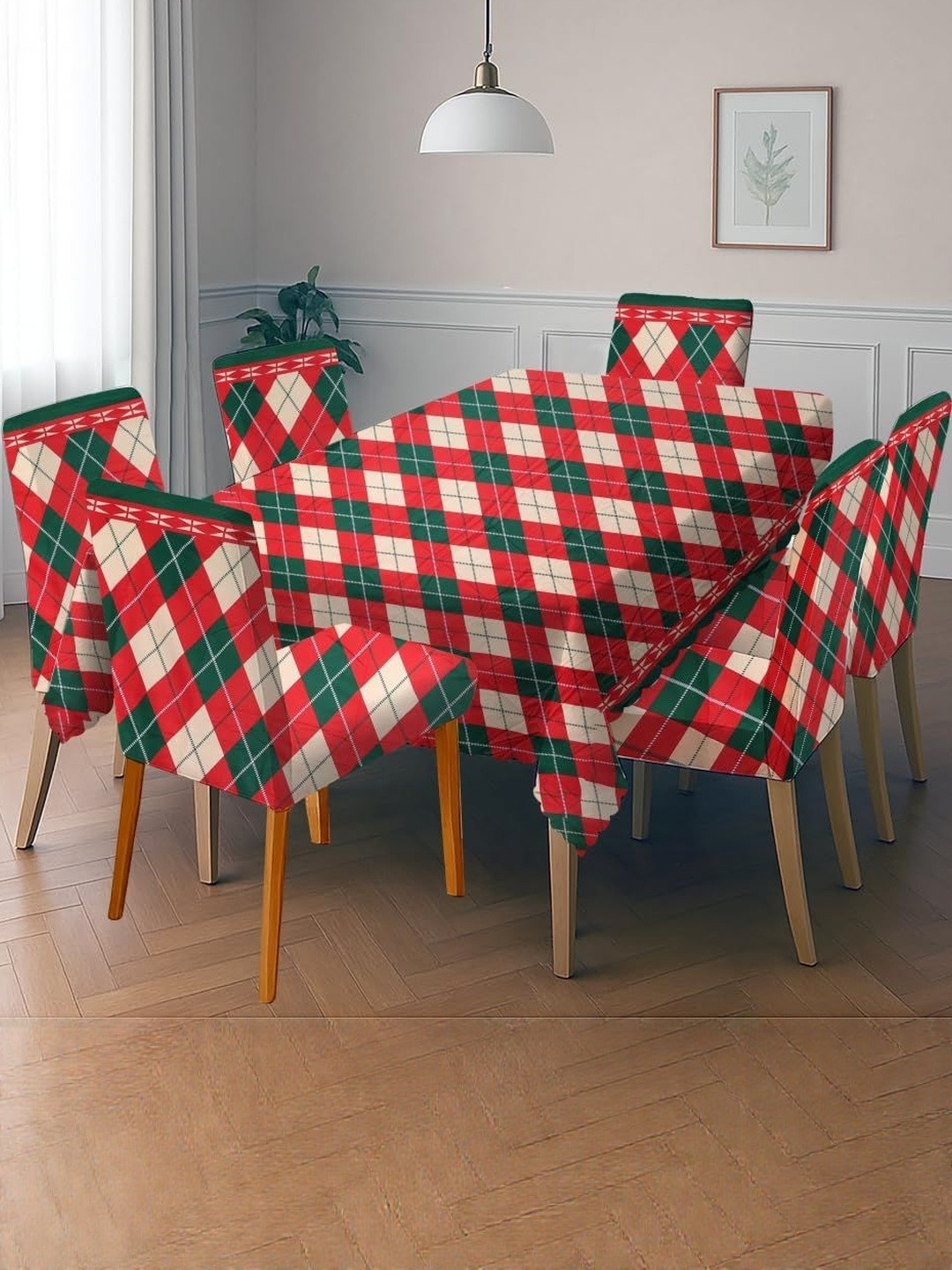 Stylista Plaid Printed 6-Seater Dining Table Cover Set with Chair Covers