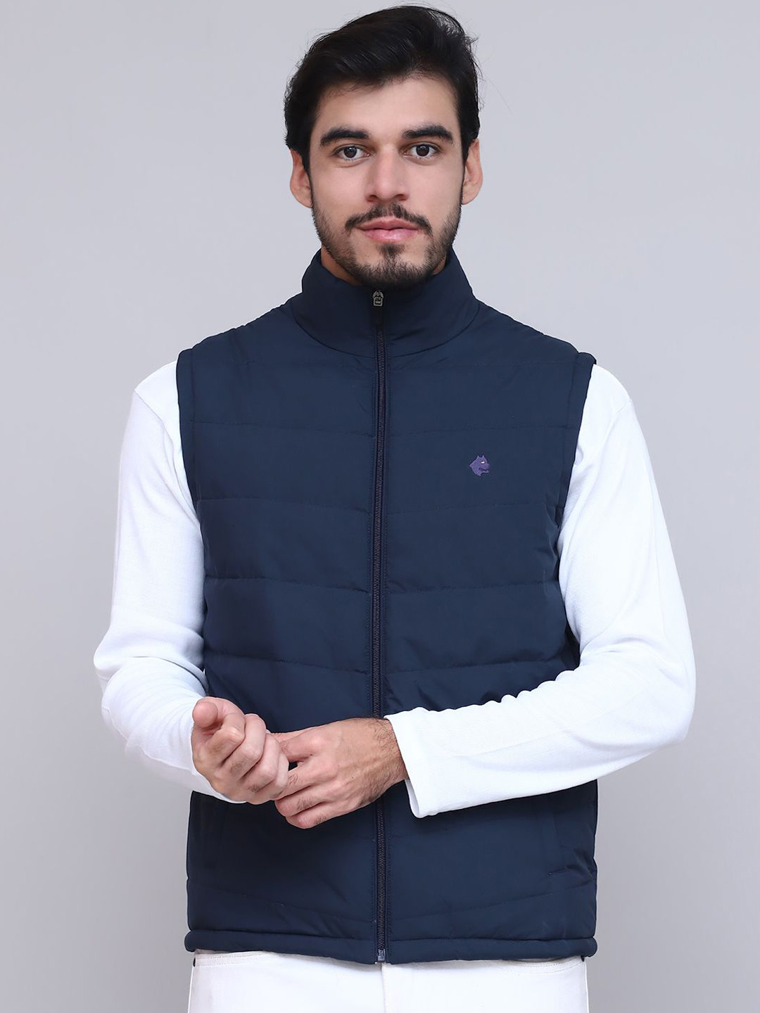 BUNCH OF BAD Men Stand Collar Solid Windcheater Gilet Jacket