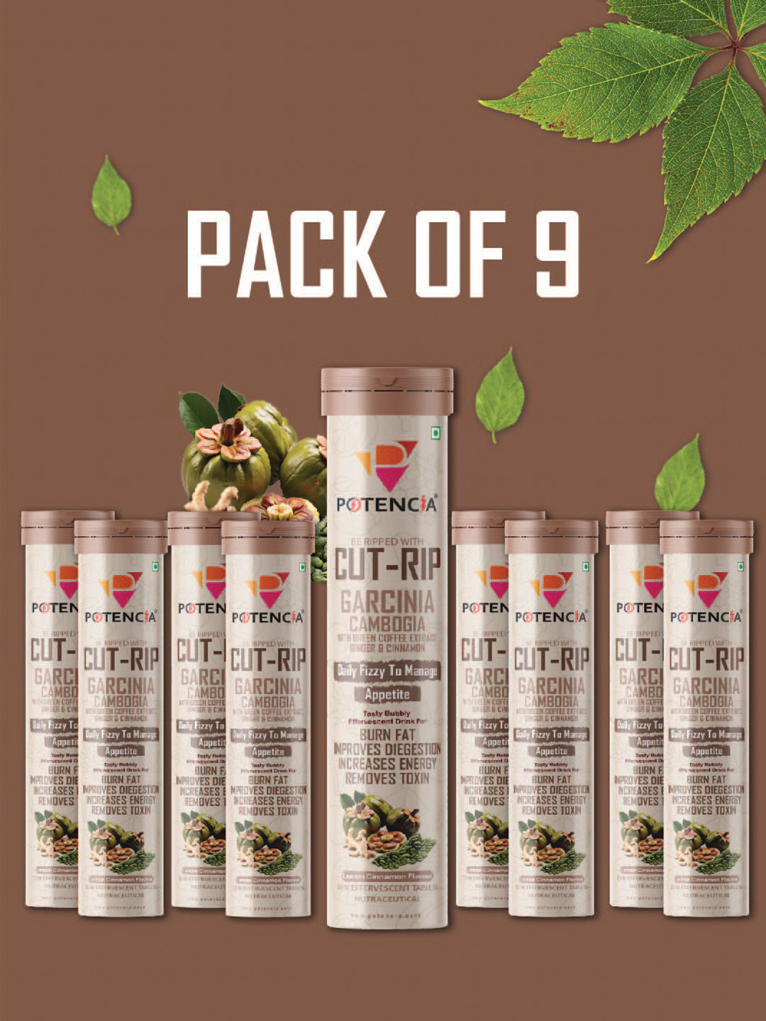 POTENCIA Set Of 9 Cut Rip Garcinia Cambogia Tablets - 15 Effervescent Tablets Each