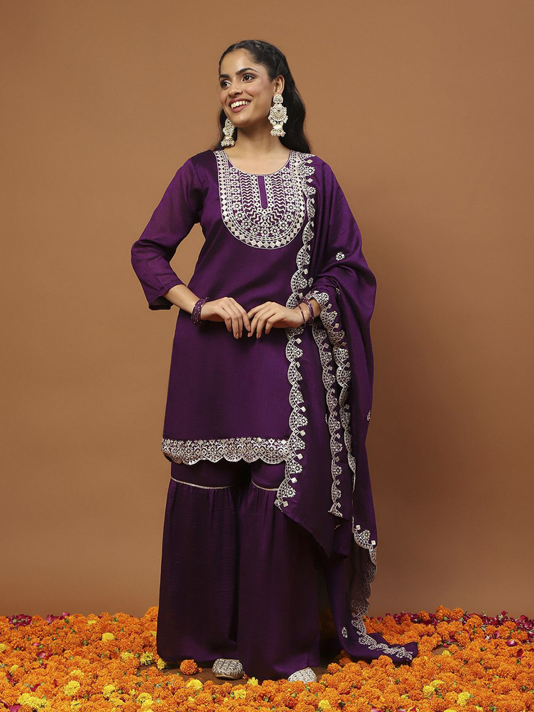 House of Chikankari Silk Blend Embroidered With Sequins Solid Gharara Kurta Set