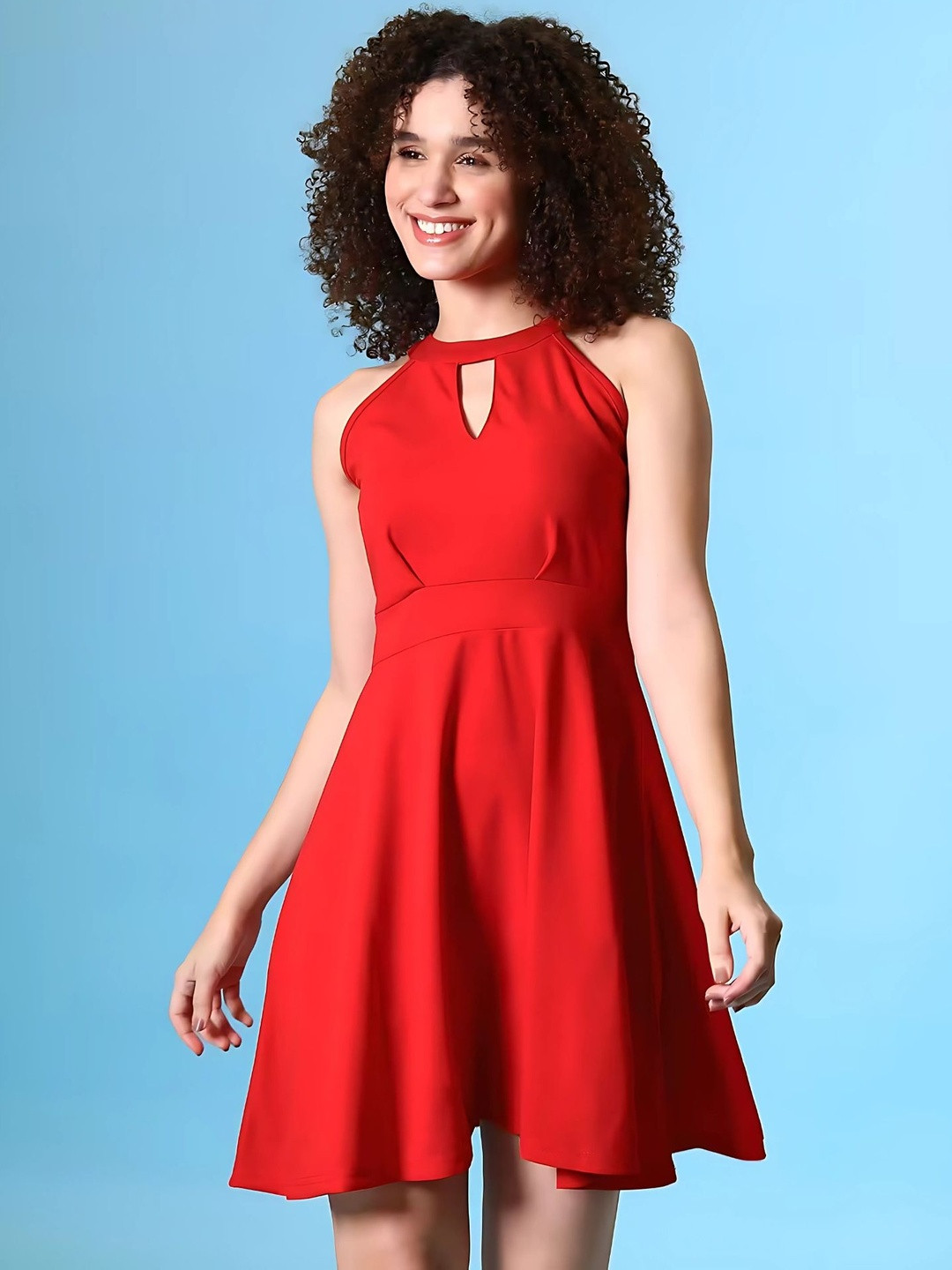 HEMANG FASHION Women Red Sleeveless Polyester Fit & Flare Party Wear Dress