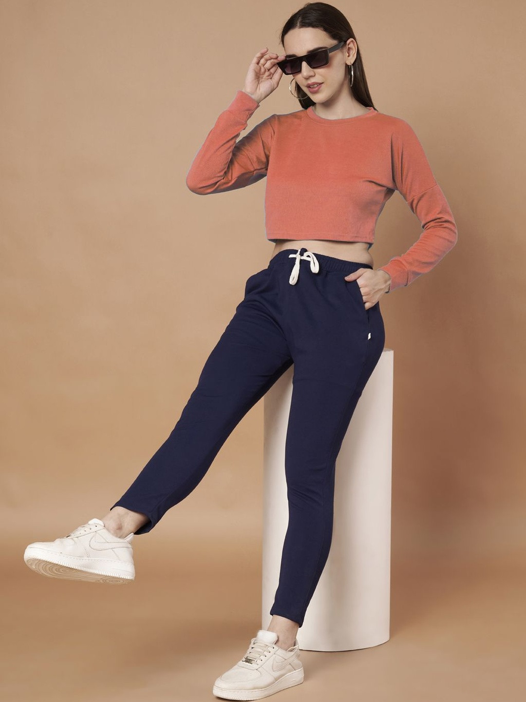 Moda Rapido Women Peach Long Sleeves Crop T-shirt