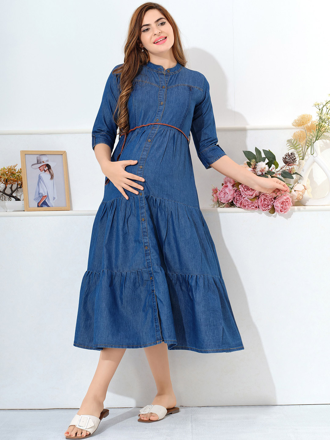 EASY MOM Mandairan Collar Roll-Up Sleeves Fit & Flare Maternity Dress