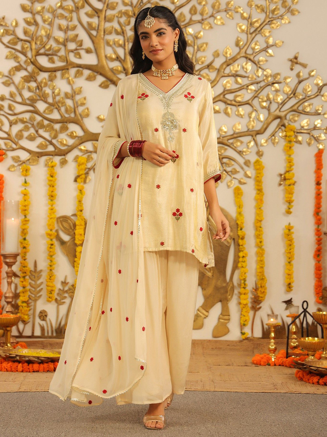 SCAKHI Floral Embroidered Straight Sharara Set with Dupatta