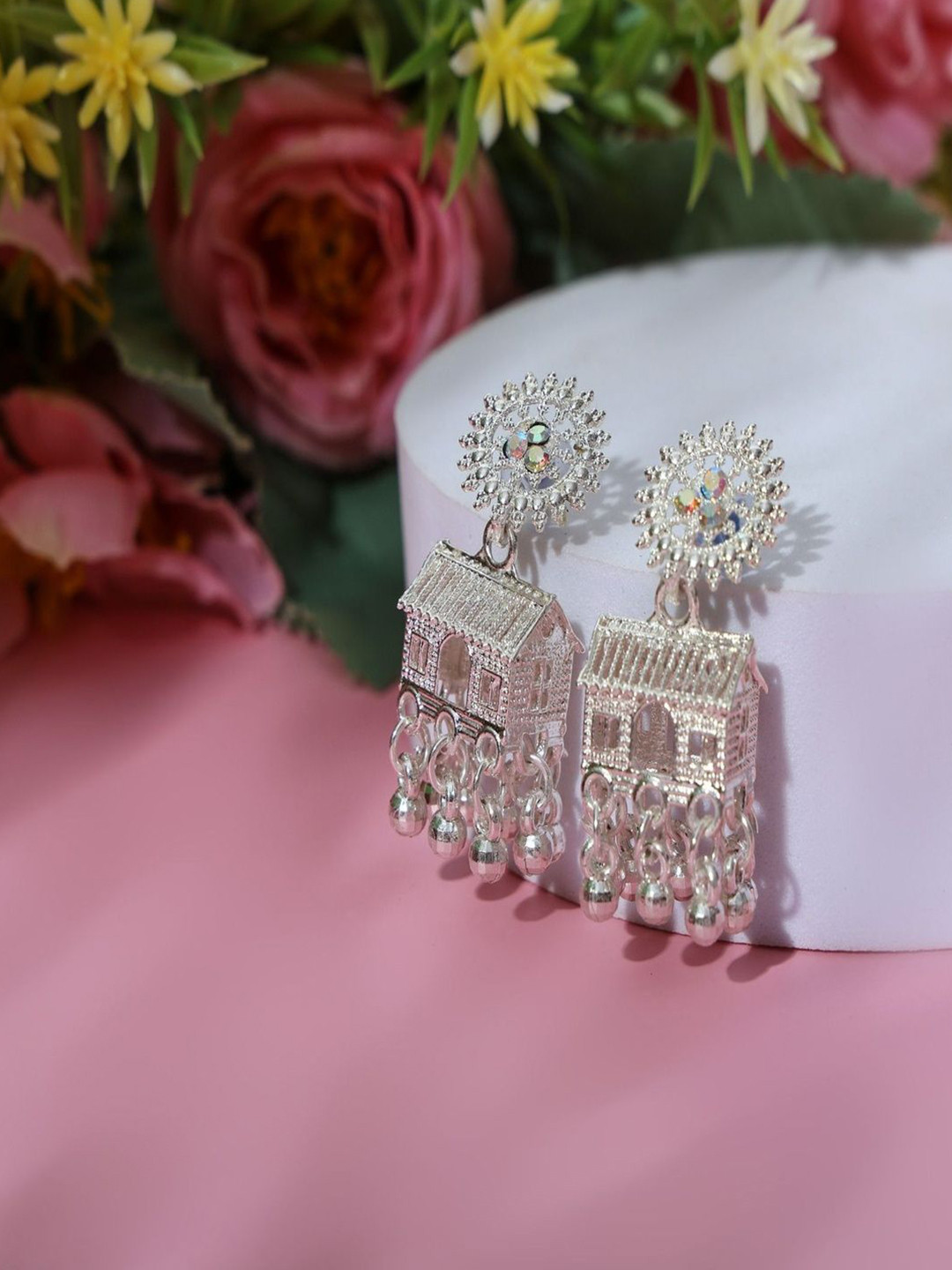 TUD Silver-Plated Artificial Stones Studded & Ghungroo Beaded Quirky Shaped Drop Earrings