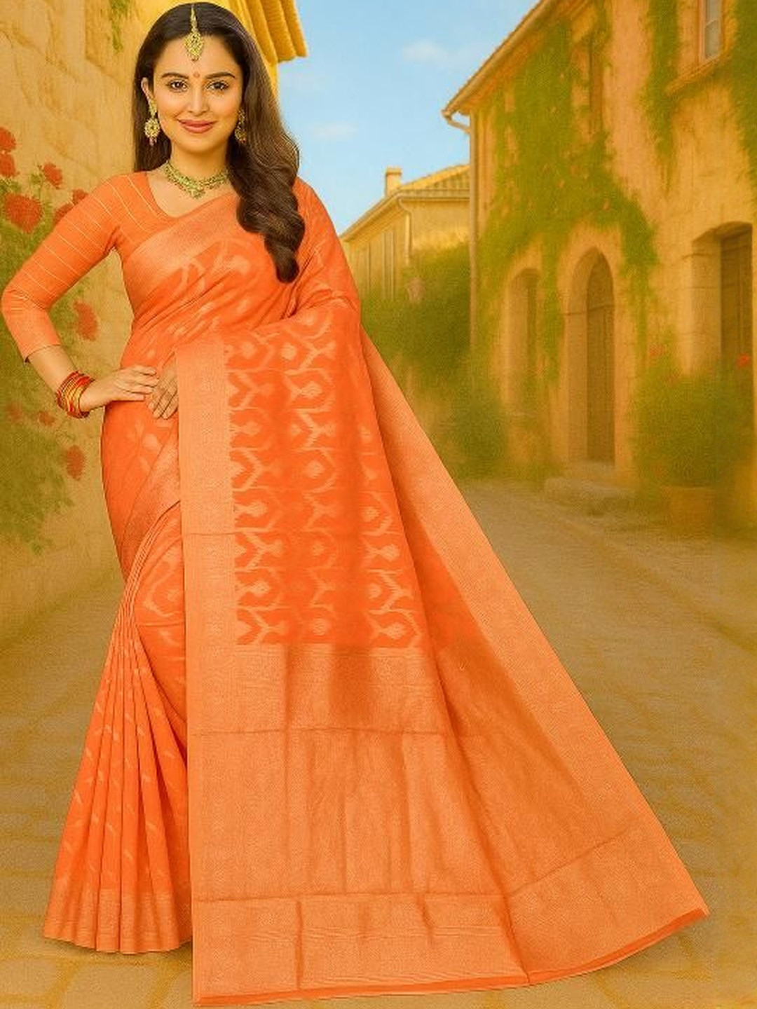 Moda Rapido Women Peach Woven Design Pure Cotton Saree
