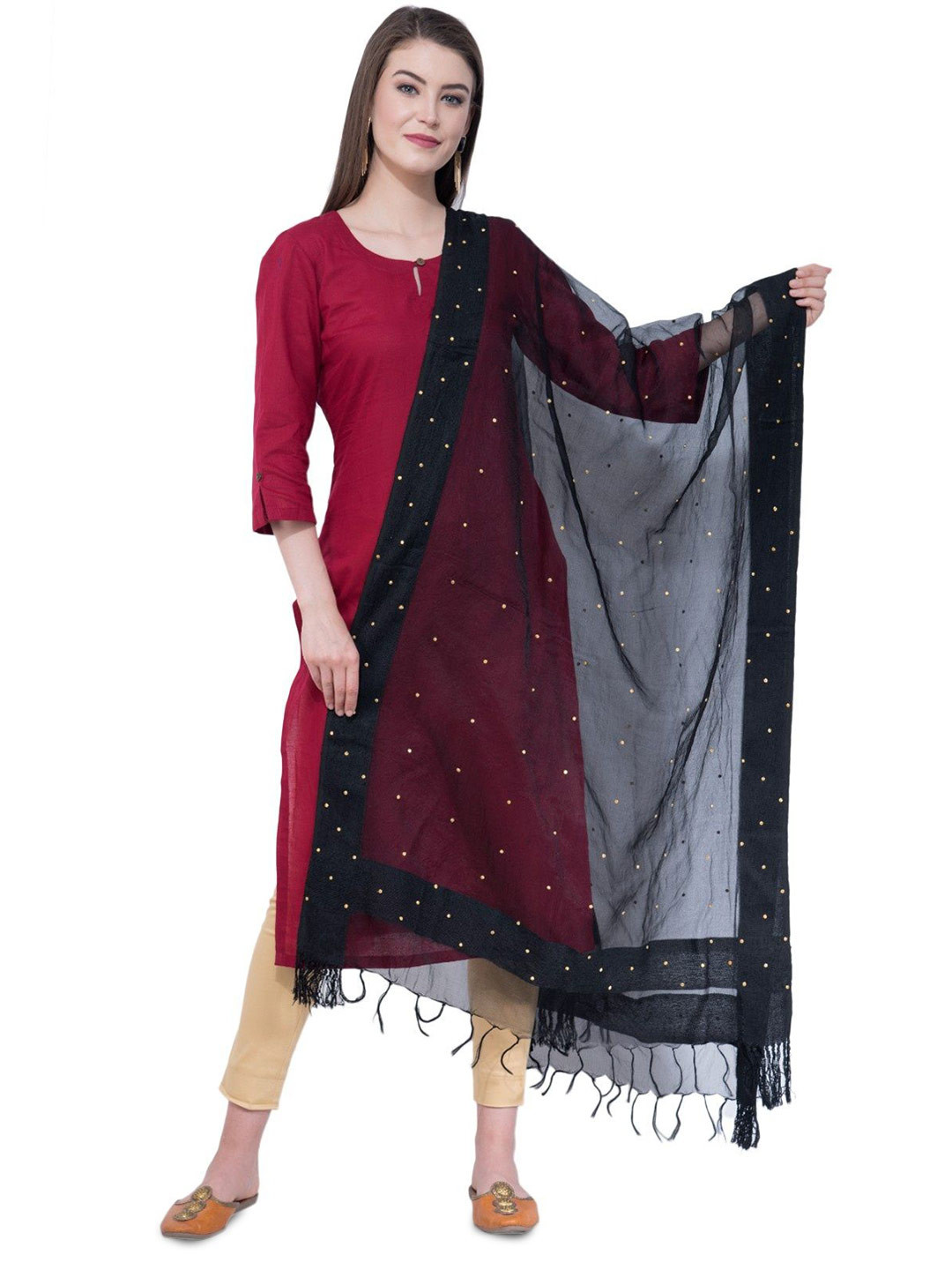 A R SILK DUPATTA HUB Polka Dots Embroidered Beads And Stones Cotton Dupatta