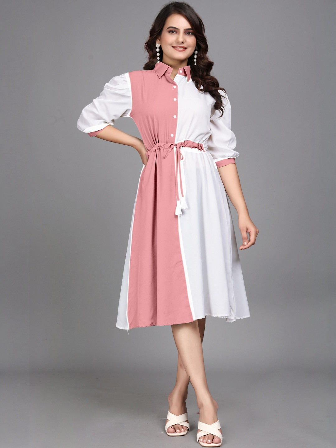 HIALTO Colourblocked Puff Sleeve Fit & Flare Dress