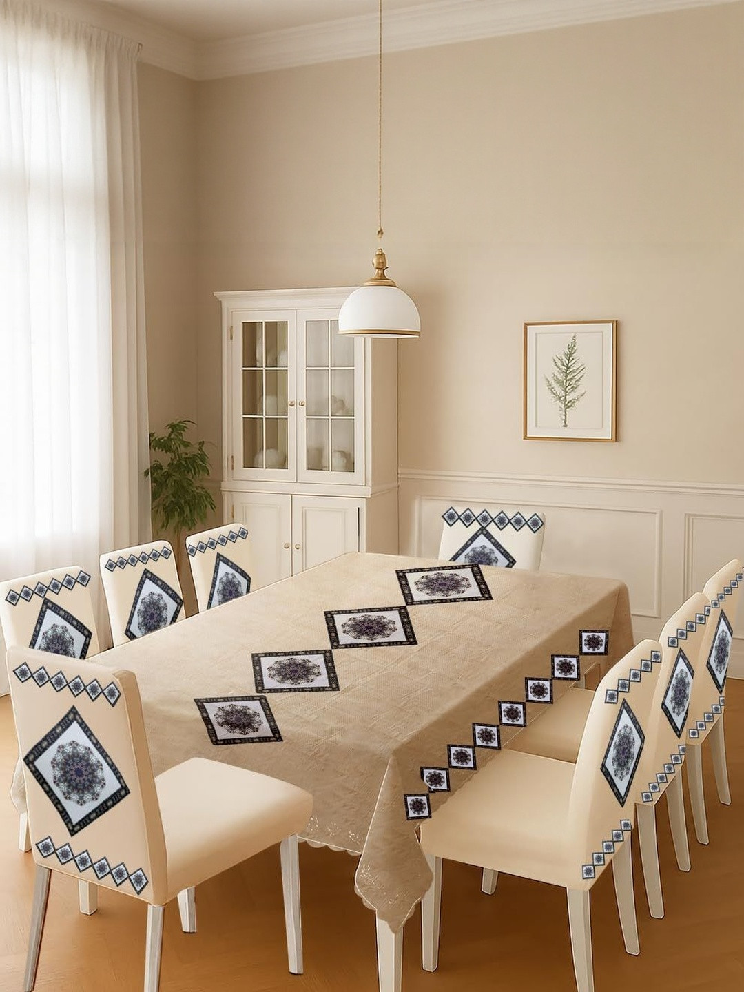 Stylista Geometric Printed 8-Seater Dining Table Cover Set with Chair Covers