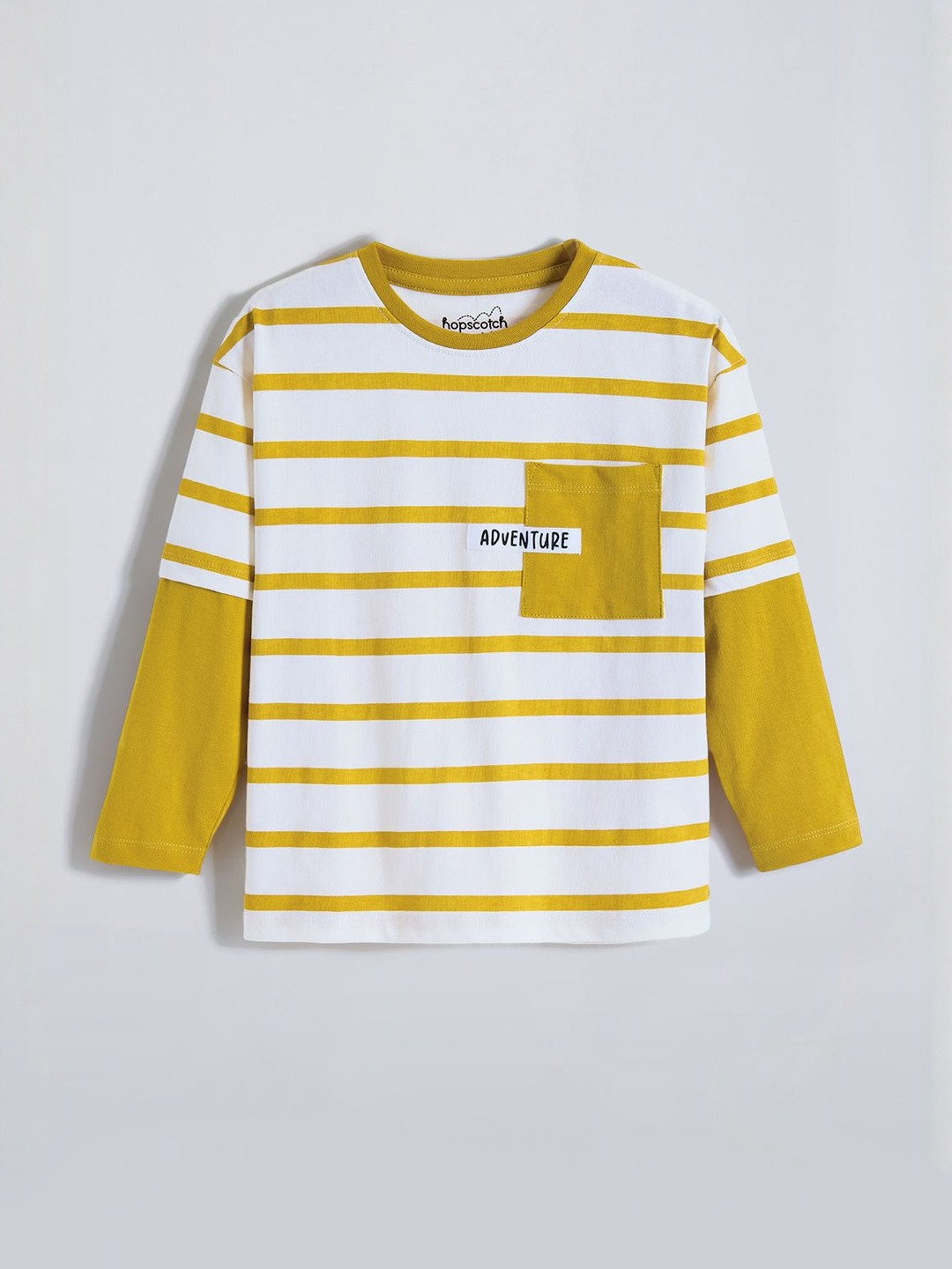 Hopscotch Boys Mustard Striped Drop-Shoulder Sleeves T-shirt