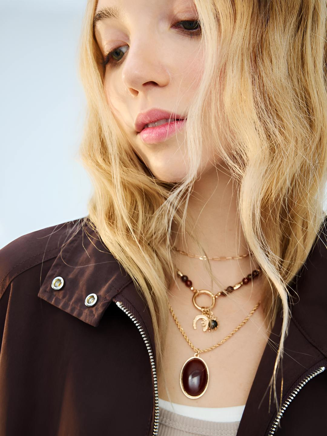 Bershka Set Of 3 Artificial Stones And Beaded Statement Necklace
