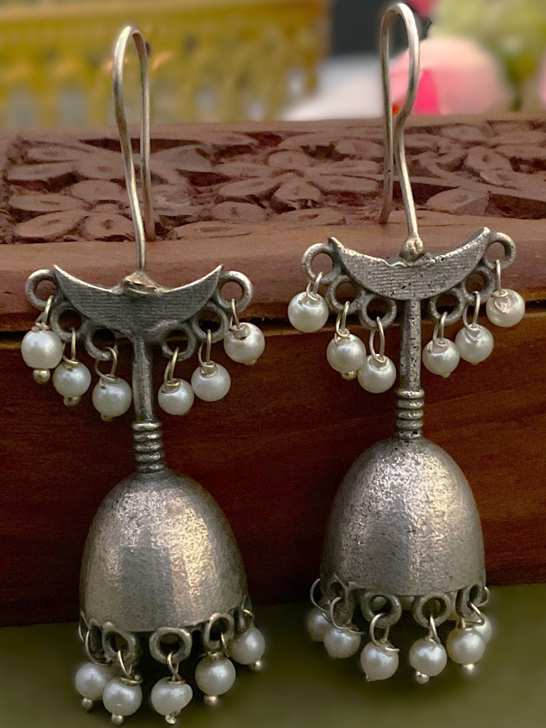 MOHATI Women Bell Shapes Silver Plated Pearl Jhumkas