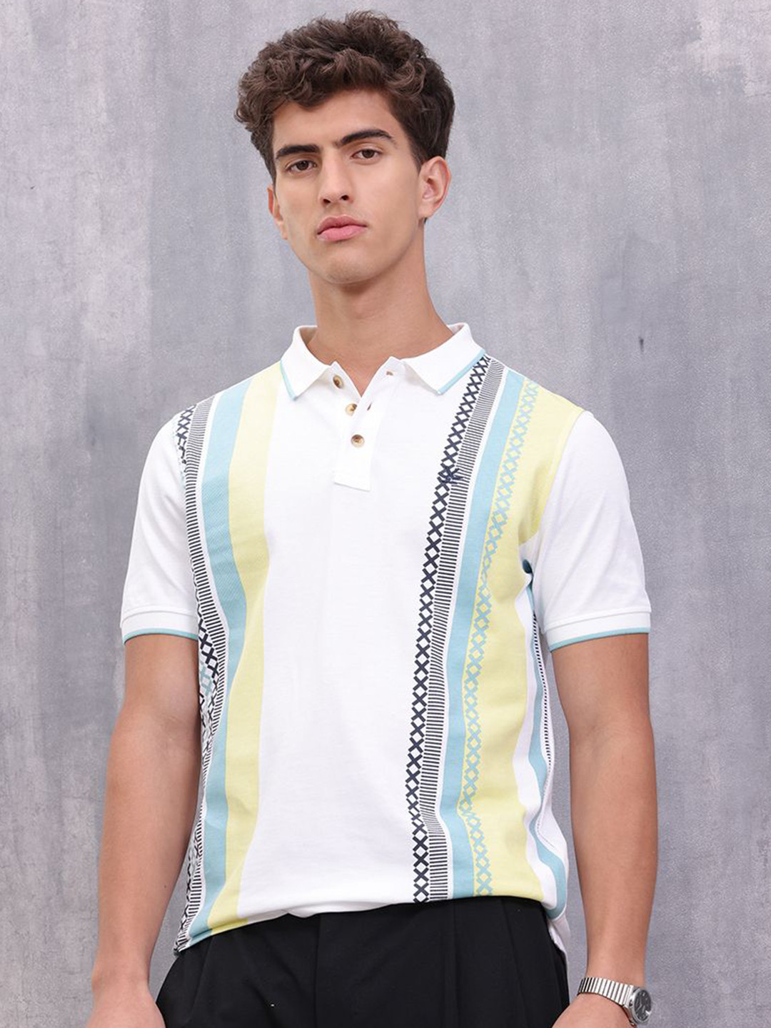 WROGN Men Geometric Printed Polo Collar Cotton Slim Fit T-shirt