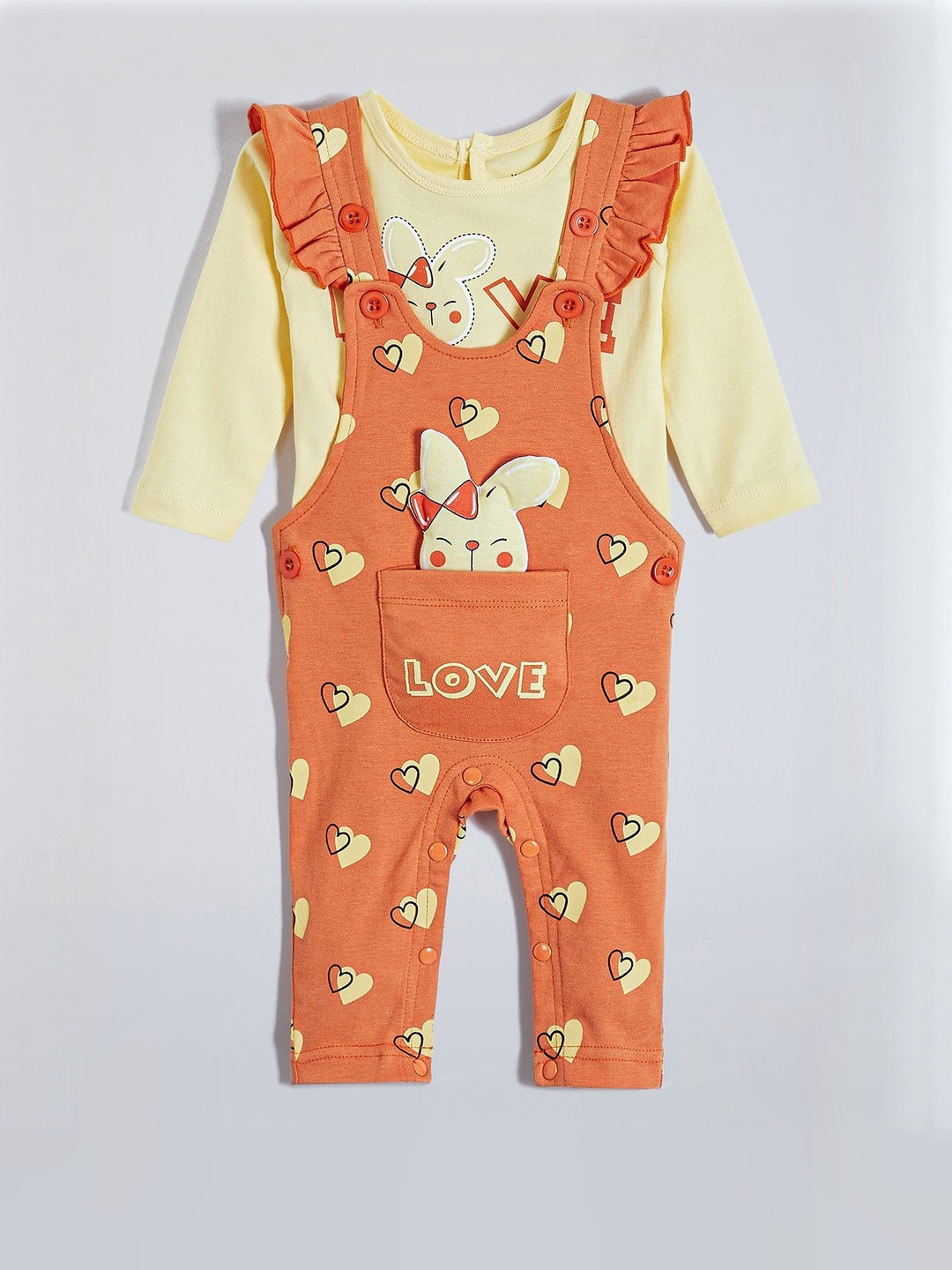 Hopscotch Girls Orange 2 Piece Bunny 3D Applique Cotton Dungaree Set