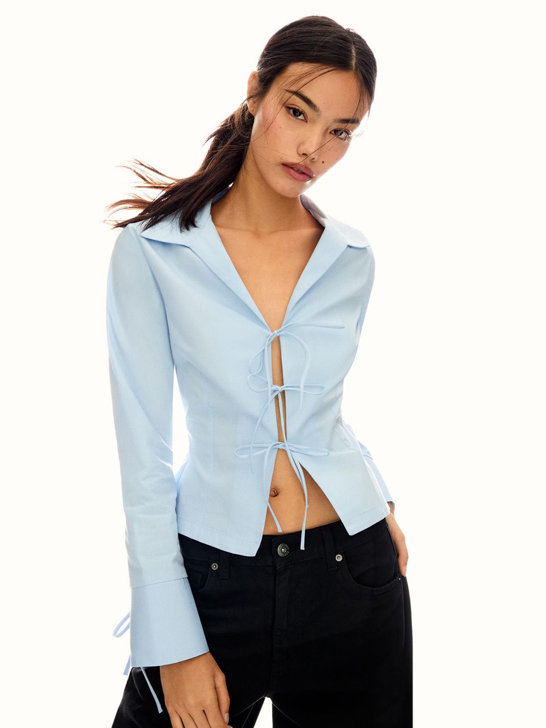 Bershka Solid Fitted Shirt Style Top With Ties