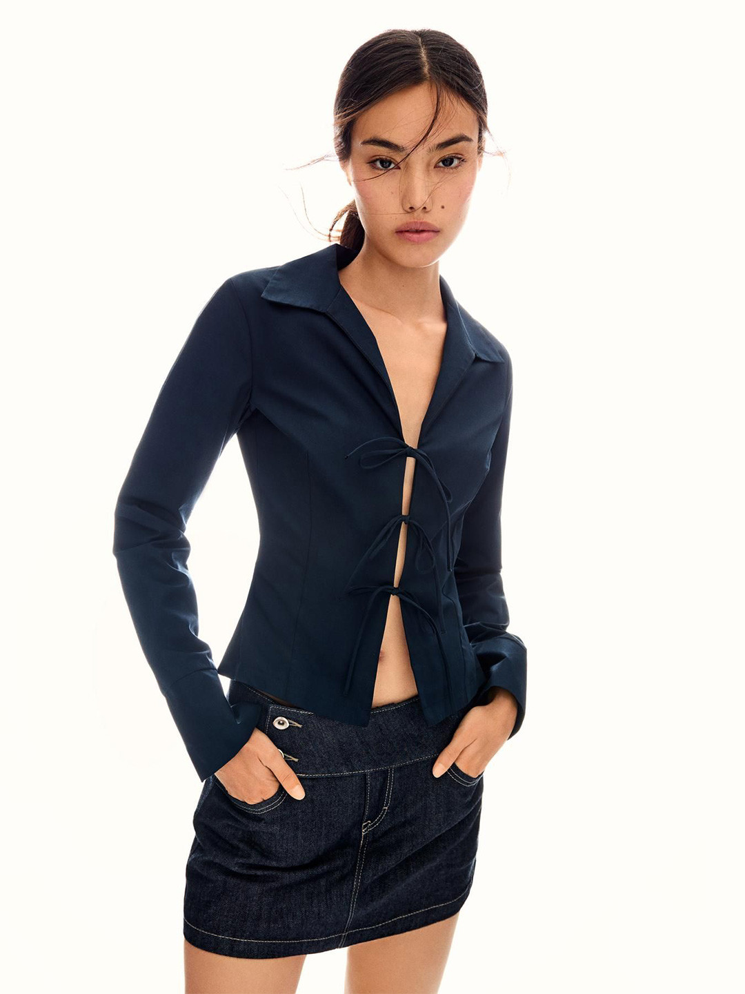 Bershka Women Solid Fitted Shirt Style Top With Ties