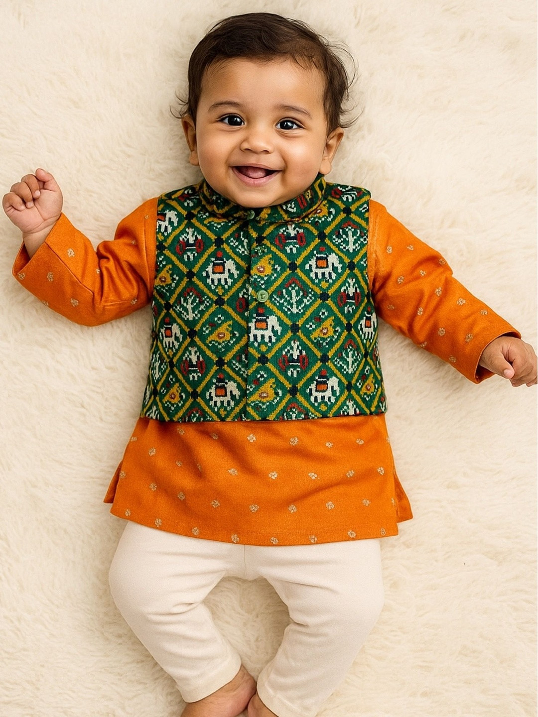Sangria Orange Zari Green Patola Bandhni Kurta Pyjama Set