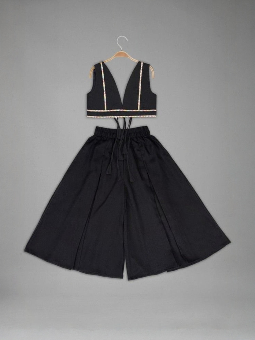 IRSIA Girls Black Western Crop Top & Palazzo Set With Multicolor Lace