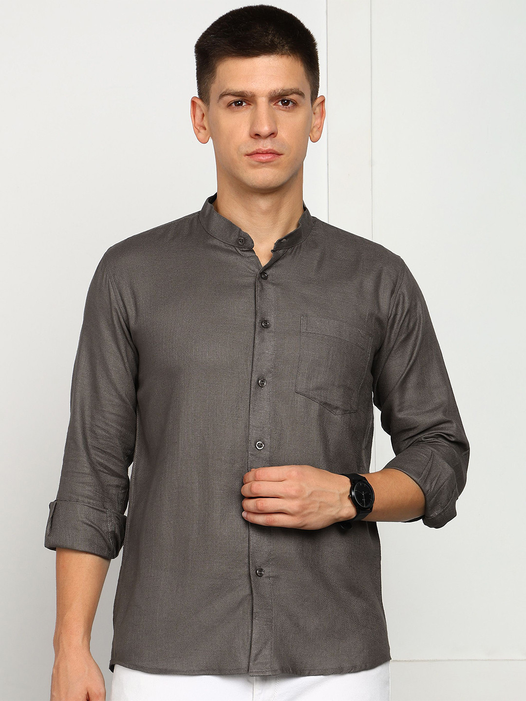 ELLIPSE Men Solid Mandarin Collar Linen Casual Shirt