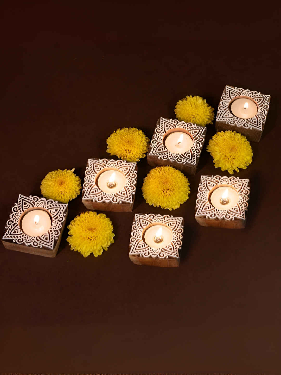 Peepul Tree 6Pcs Brown & White Textured Wooden Tea Light Candle Holders