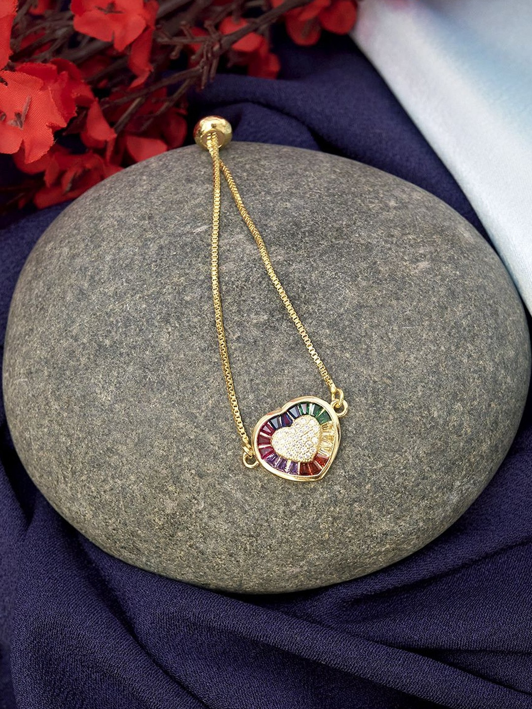 Beenth & Doneth Women Gold Plated Anti-Tarnish CZ Zirconia Rainbow Heart Link Bracelet