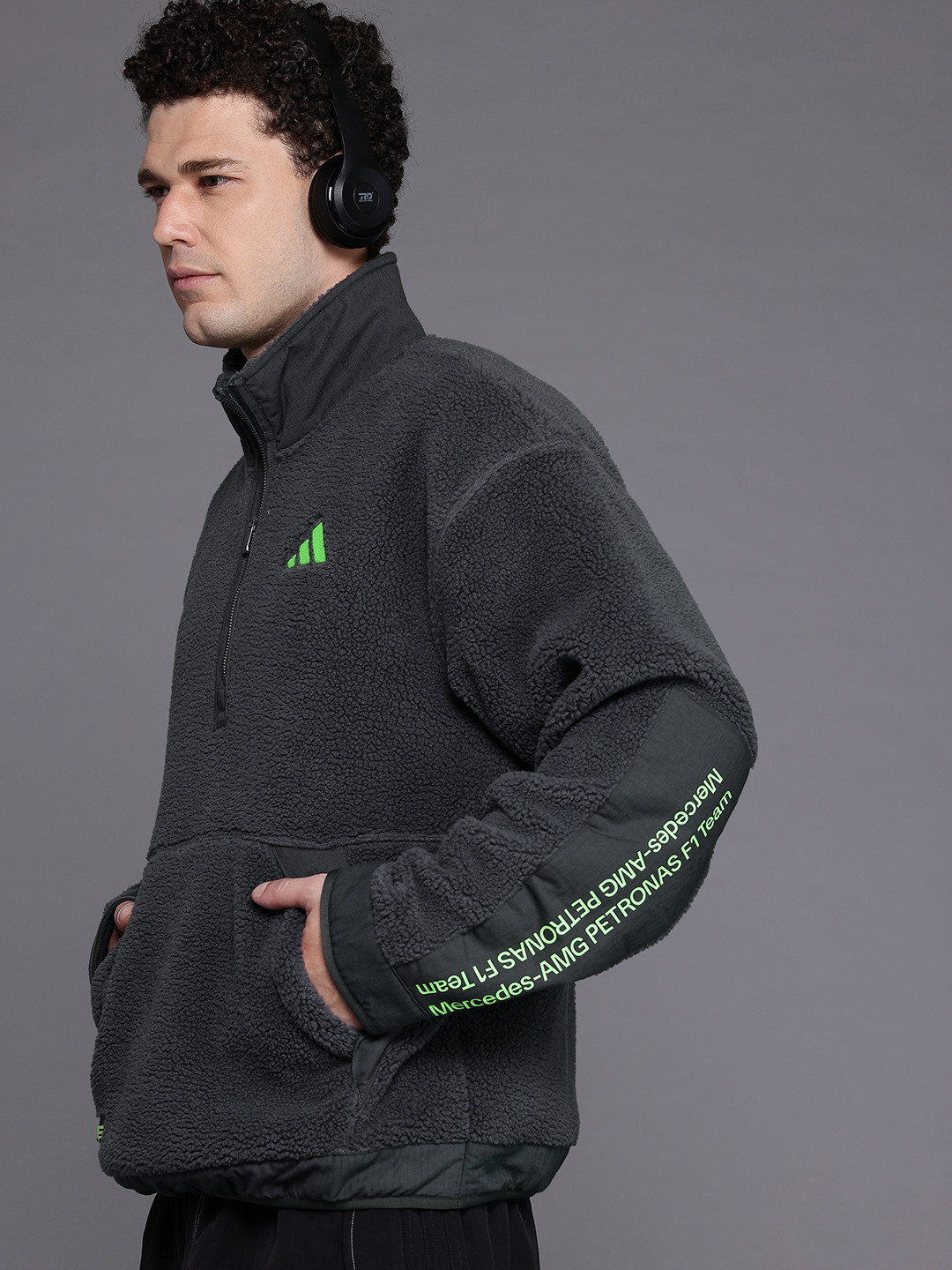 ADIDAS Brand Logo Typography Detail Mock Collar Sherpa Sweatshirt