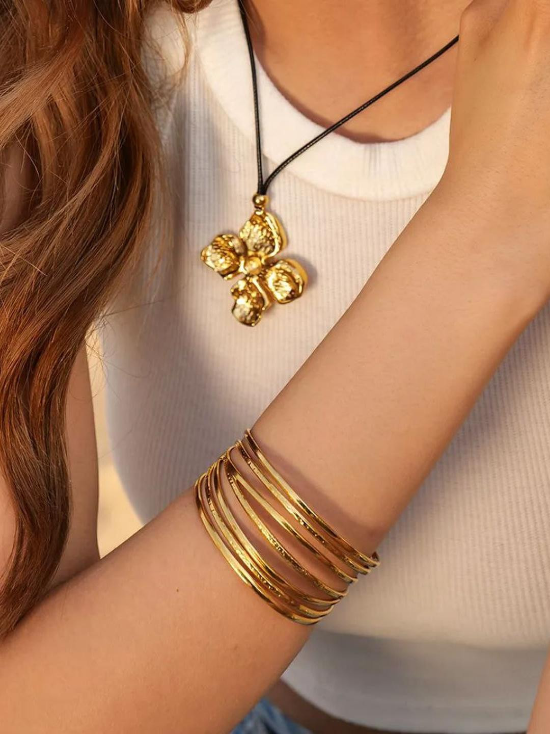 MILLER Women Gold-Plated Multilayer Stainless Steel Casual Slip-On Cuff Bracelet