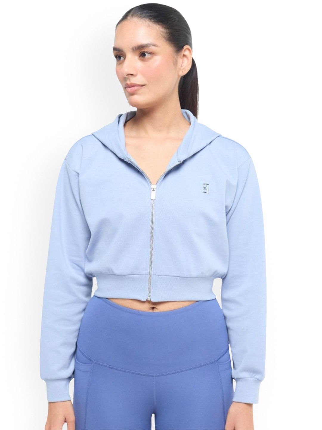 Hunnit Women Cotton Cropped Zip Up Hooded Jacket