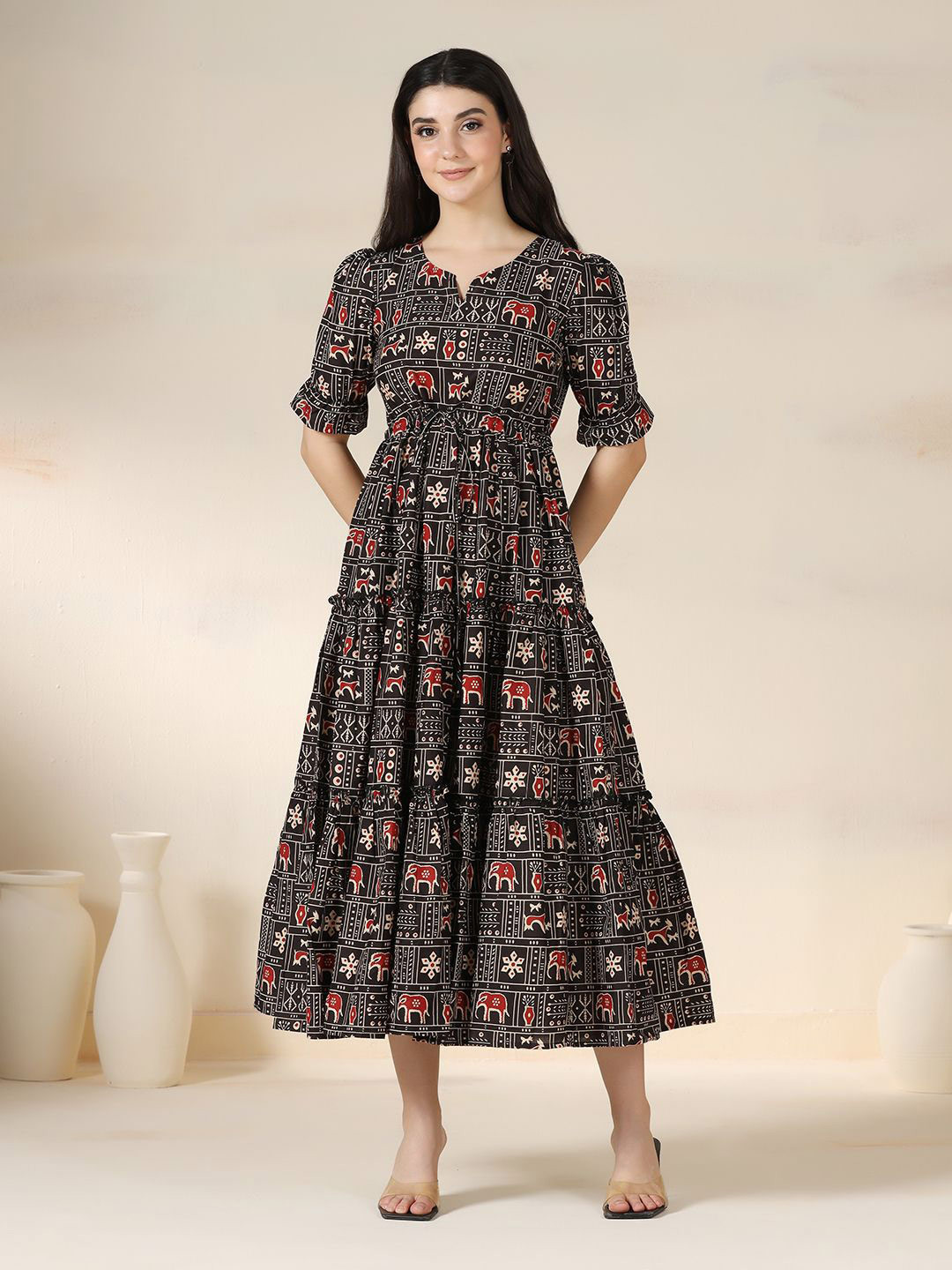 Mizaz Ethnic Motifs Printed Fit & Flare Midi Dress