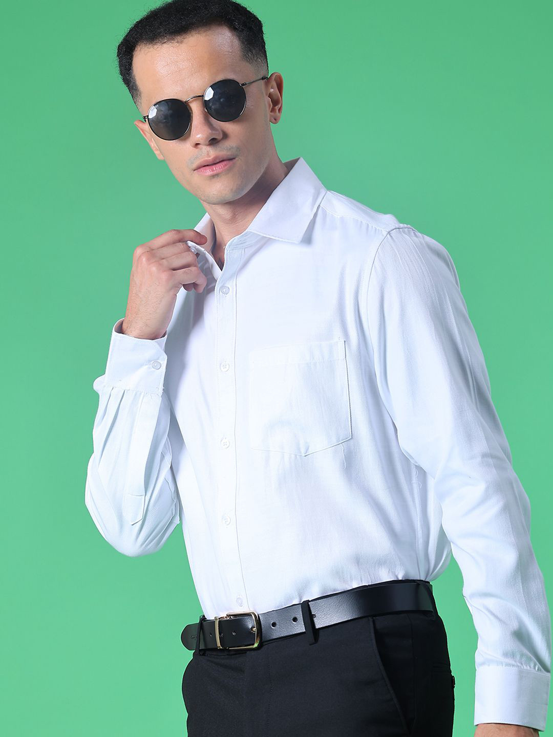 V-Mart White Formal Opaque Spread Collar Cotton Pocket Shirt